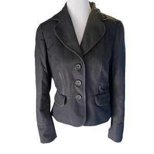 Ann Taylor Loft Gray Blue Denim Pinstripe Casual Blazer Lined Shoulder Pad 6